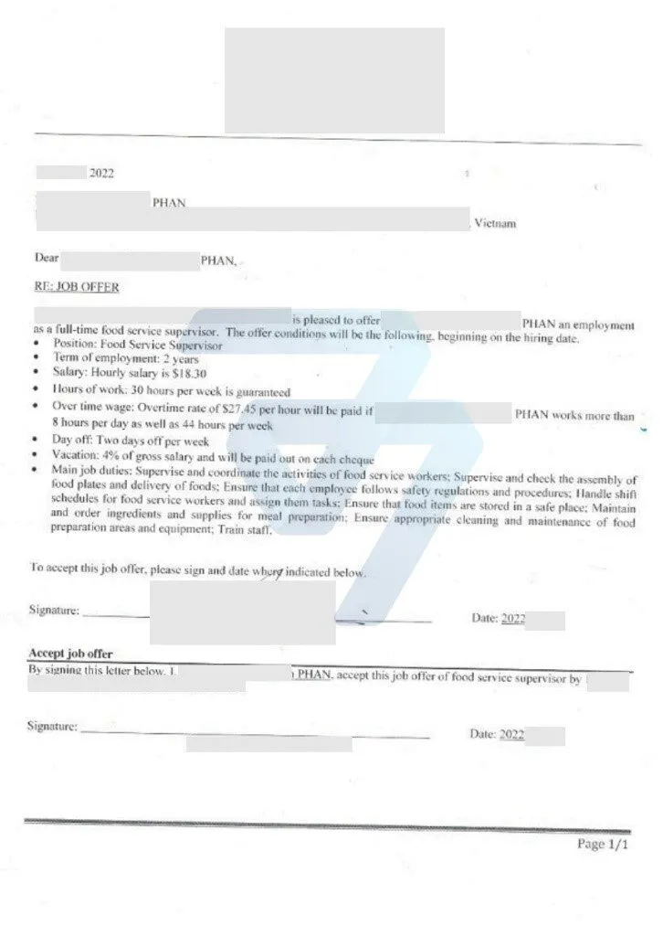 Job Offer cho vị trí Food Service Supervisor